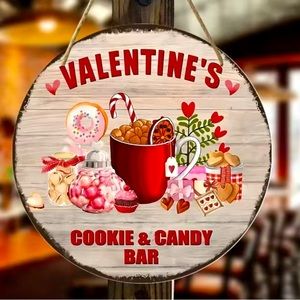 Valentine’s Cookie & Candy Bar Round Wooden Wall Sign Chocolates Donuts Mug